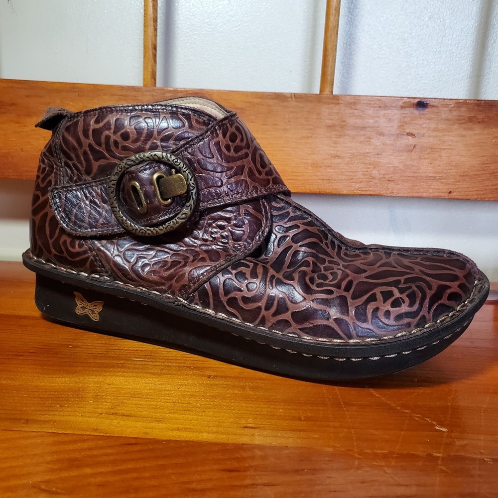 Alegria‎ Caiti Brown Embossed Leather Ankle Boot Bootie Blossom Size 37 US 6.5/7 - Picture 5 of 15